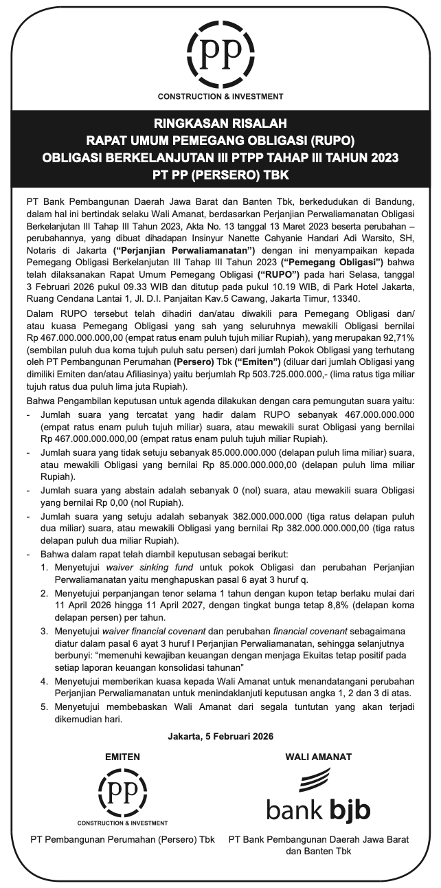 Summary of the Minutes of the General Meeting of Bondholders (RUPO) for PTPP Shelf-Registered Bond III Phase III 2023 Serie A