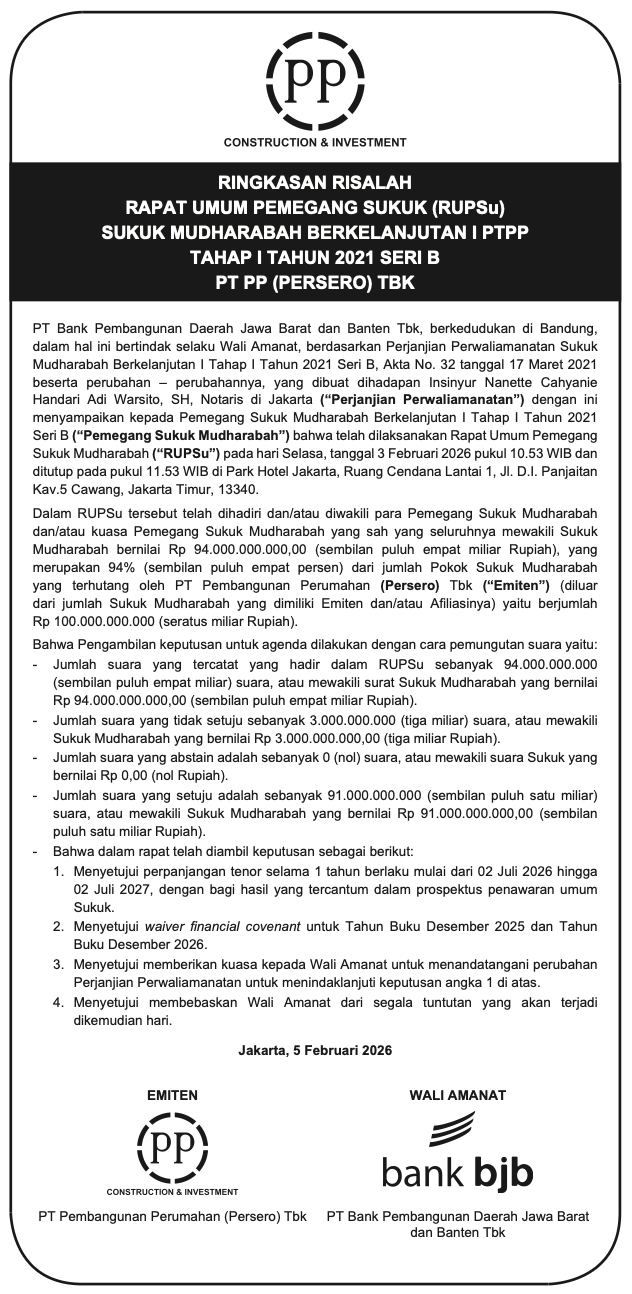 Summary of the Minutes of the General Meeting of Sukuk Holders (RUPSu) for PTPP Shelf-Registered Mudharabah Sharia Bond I Phase I 2021 Serie B