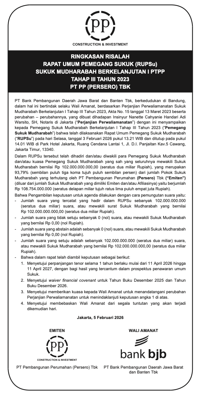 Summary of the Minutes of the General Meeting of Sukuk Holders (RUPSu) for PTPP Shelf-Registered Mudharabah Sharia Bond I Phase III 2023