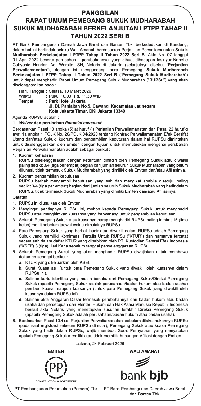 Notice of General Meeting of Holders PTPP Shelf-Registered Mudharabah Sharia Bond I Phase II 2022 Serie B