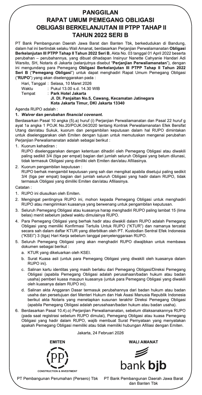 Panggilan Rapat Umum Pemegang Obligasi Berkelanjutan III PTPP Tahap II Tahun 2022 Seri B