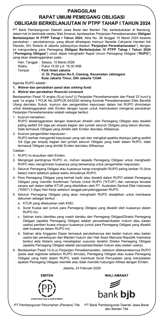 Panggilan Rapat Umum Pemegang Obligasi Berkelanjutan IV PTPP Tahap I Tahun 2024