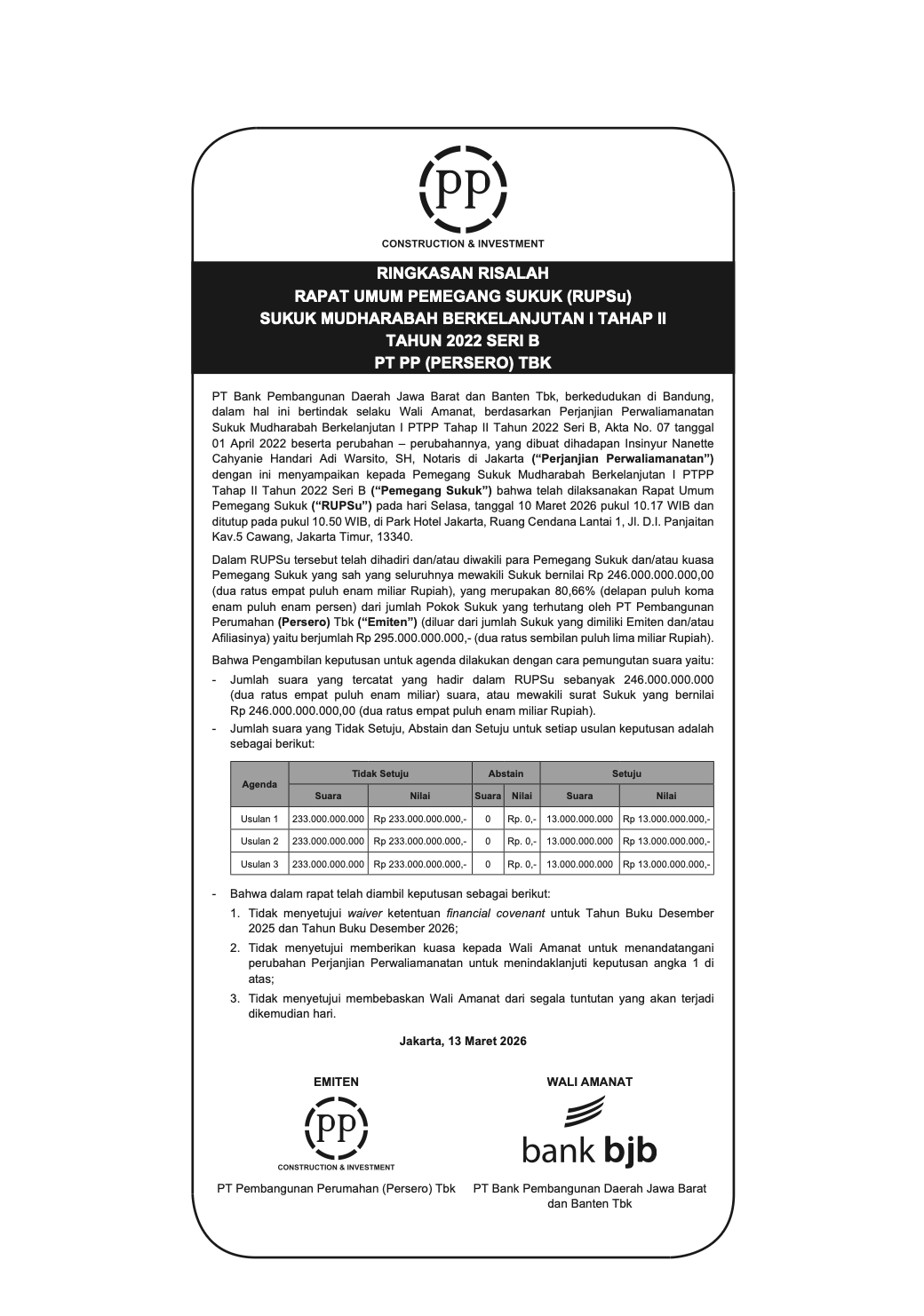 SUMMARY OF MINUTES OF THE GENERAL MEETING OF SUKUK HOLDERS (RUPSu) OF SUSTAINABLE SUKUK MUDHARABAH I PHASE II YEAR 2022 SERIES B