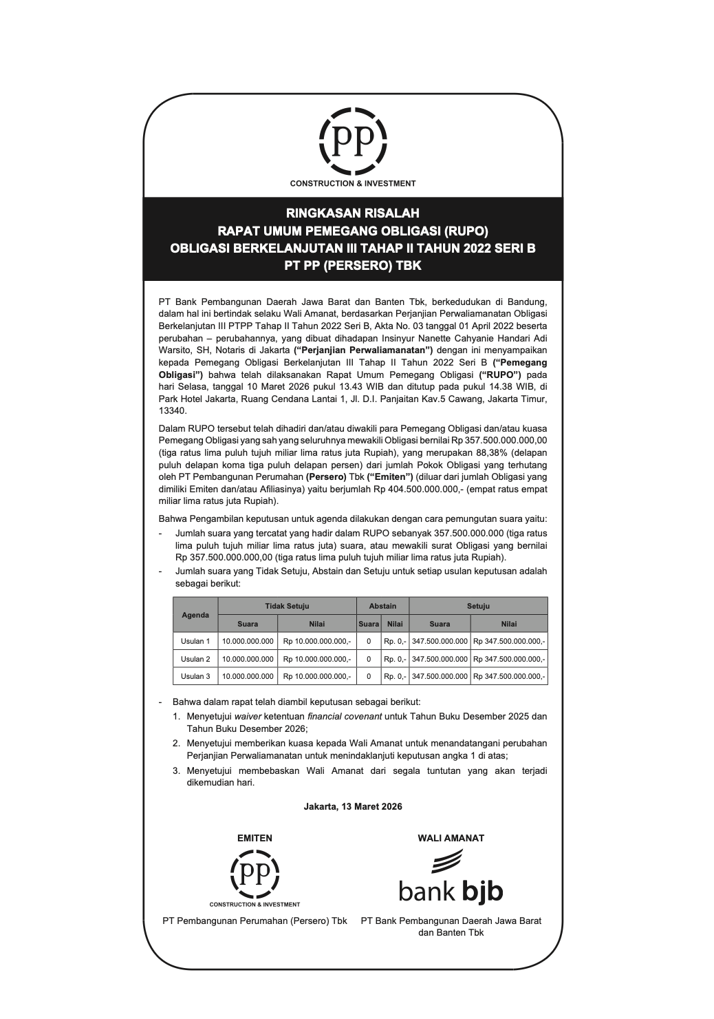 SUMMARY OF MINUTES OF THE GENERAL MEETING OF SUKUK HOLDERS (RUPO) OF SUSTAINABLE BONDS III PHASE II YEAR 2022 SERIES B