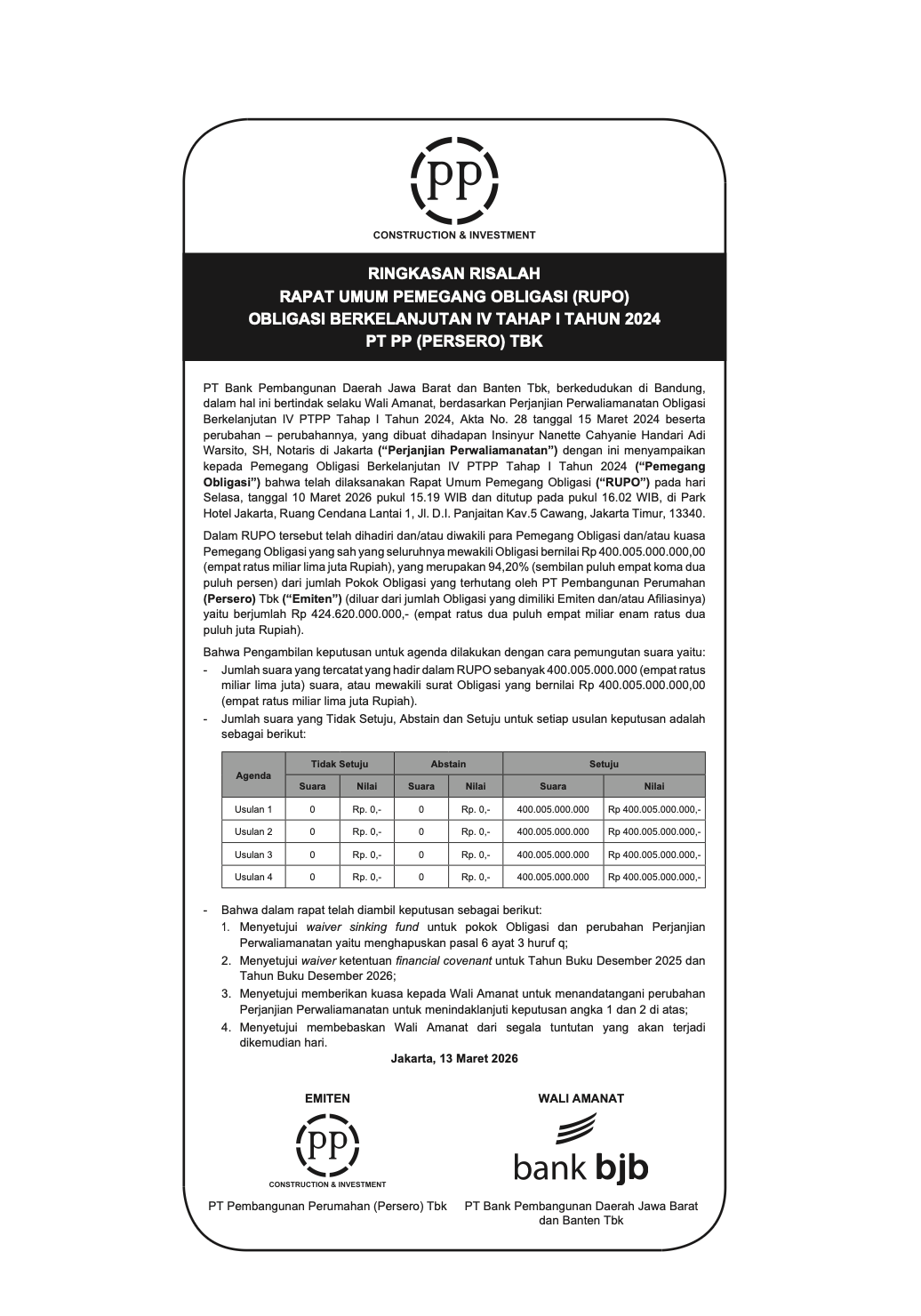 SUMMARY OF MINUTES OF THE GENERAL MEETING OF BOND HOLDERS (RUPO) OF SUSTAINABLE BOND IV PHASE I 2024