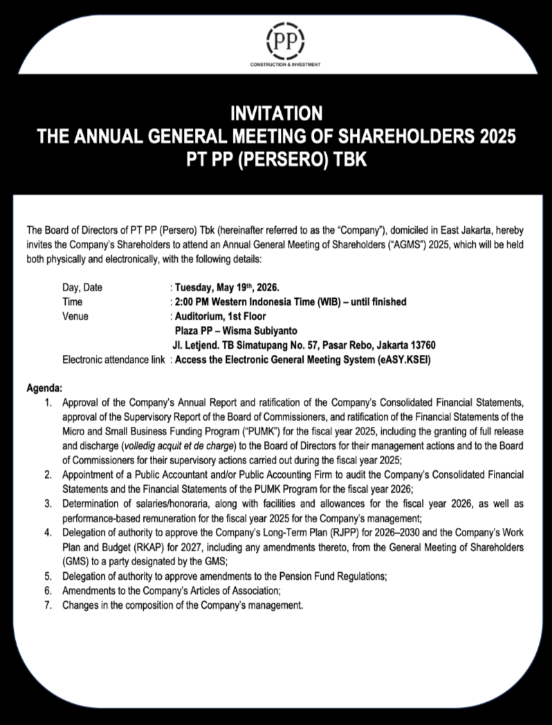 INVITATION  THE ANNUAL GENERAL MEETING OF SHAREHOLDERS 2025  PT PP (PERSERO) TBK