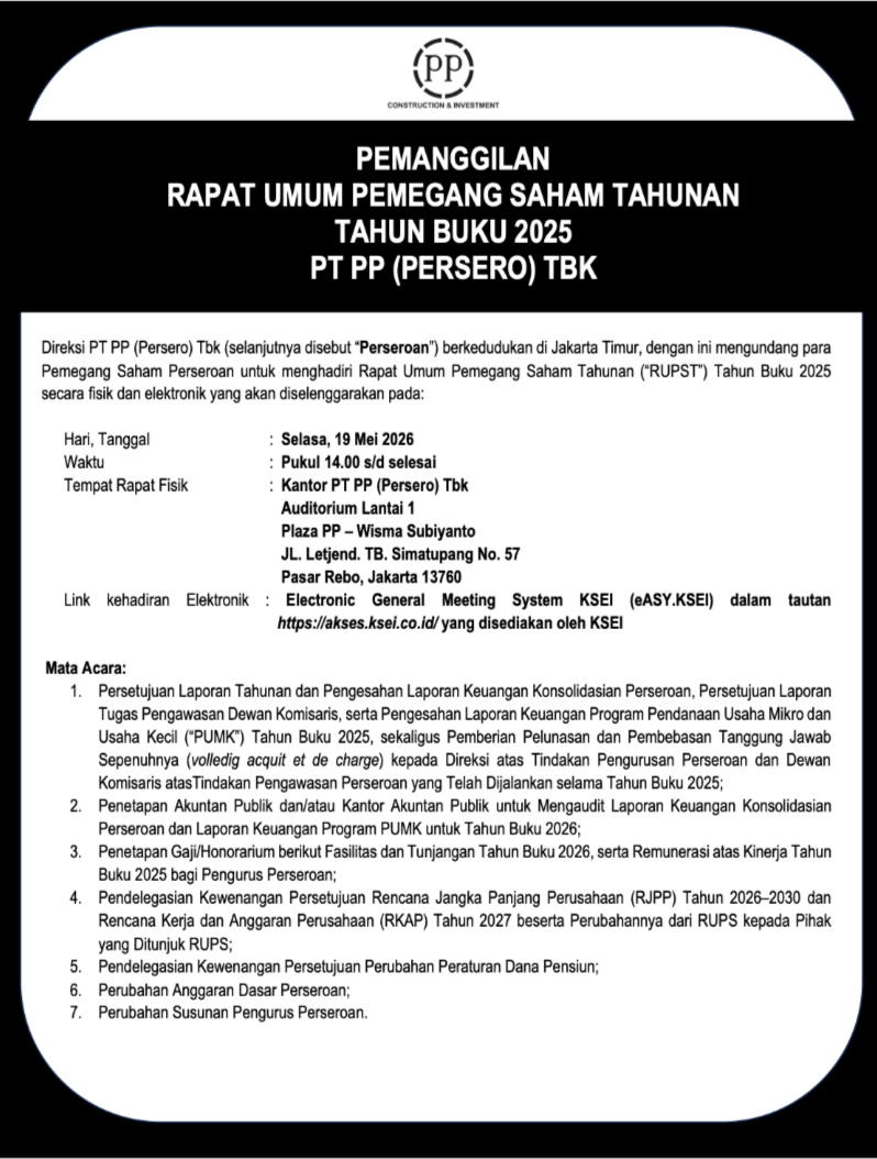 PEMANGGILAN  RAPAT UMUM PEMEGANG SAHAM TAHUNAN  TAHUN BUKU 2025  PT PP (PERSERO) TBK