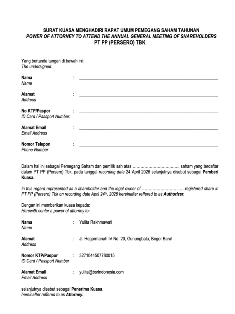 POWER OF ATTORNEY TO ATTEND THE ANNUAL GENERAL MEETING OF SHAREHOLDERS FOR THE 2025 FISCAL YEAR OF PT PP (PERSERO) TBK.