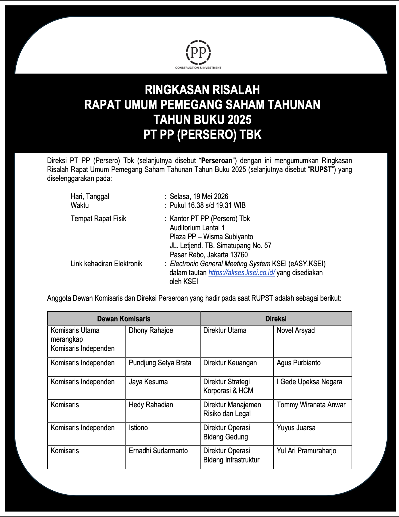 Ringkasan Risalah Rapat Umum Pemegang Saham Tahunan Tahun Buku 2025 PT PP (Persero) Tbk