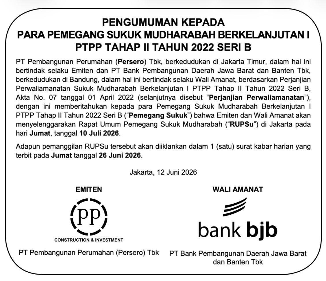 Sukuk Mudharabah Berkelanjutan I PTPP Tahap II Tahun 2022 Seri B
