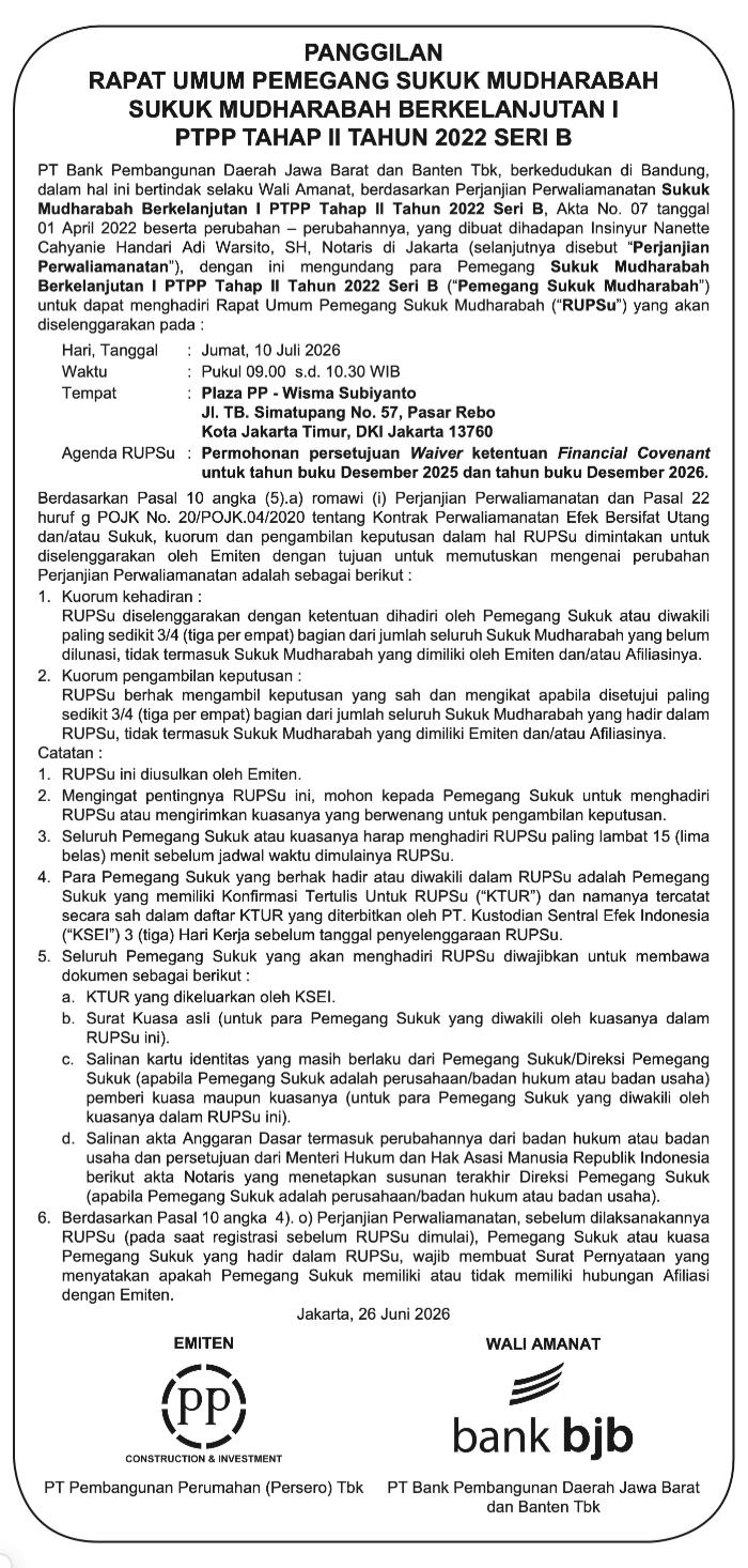 Pemanggilan Sukuk Mudharabah Berkelanjutan I PTPP Tahap II Tahun 2022 Seri B
