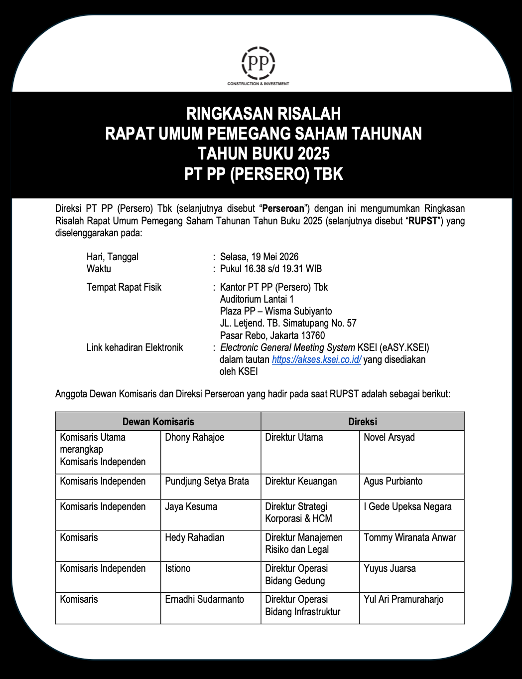 Ringkasan Risalah Rapat Umum Pemegang Saham Tahunan Tahun Buku 2025 PT PP (Persero) Tbk