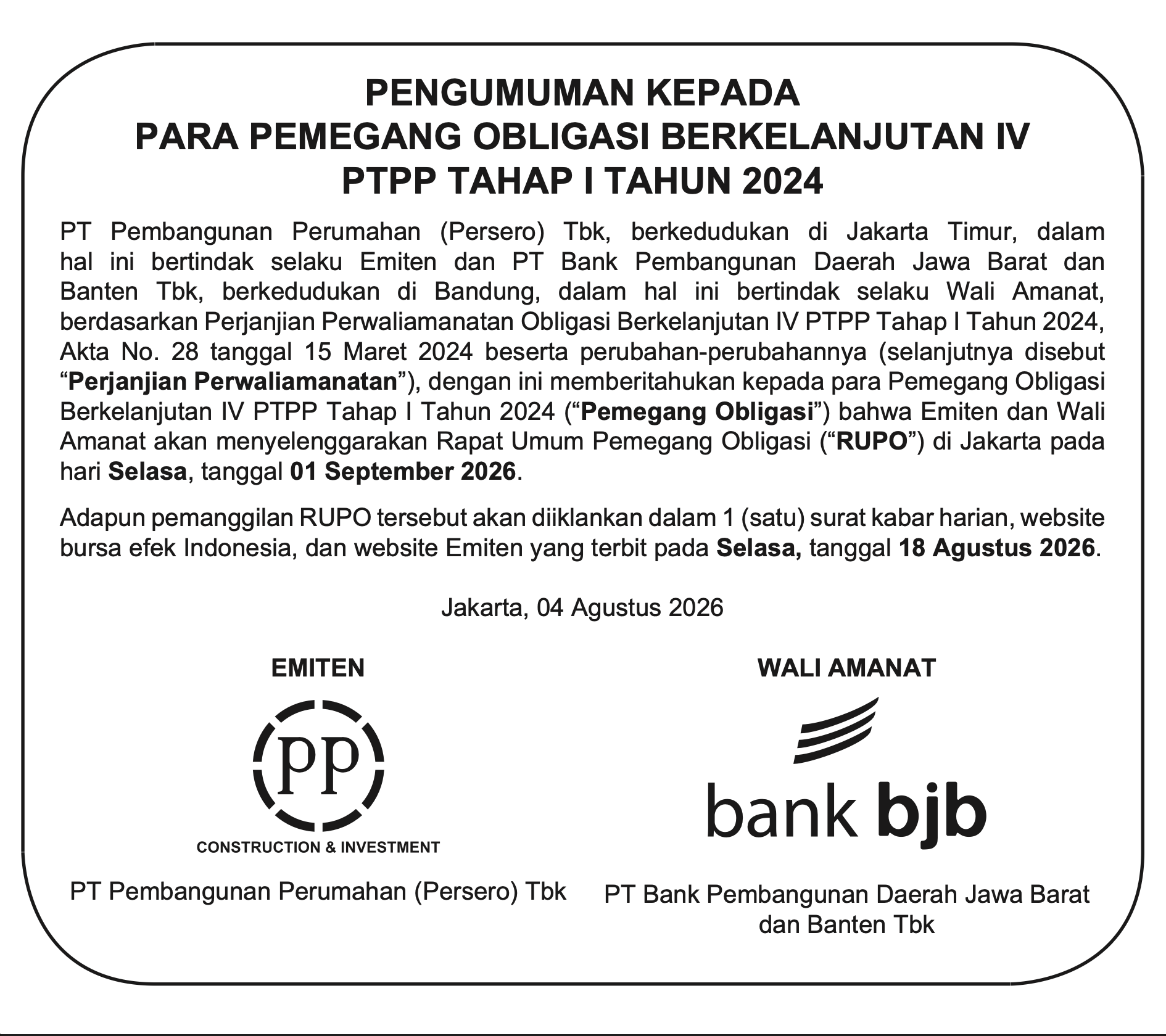 Obligasi Berkelanjutan IV PTPP Tahap I Tahun 2024