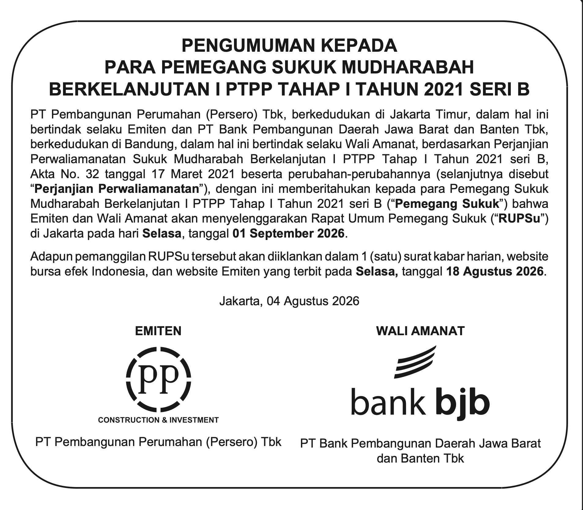 Sukuk Mudharabah Berkelanjutan I PTPP Tahap I Tahun 2021 Seri B