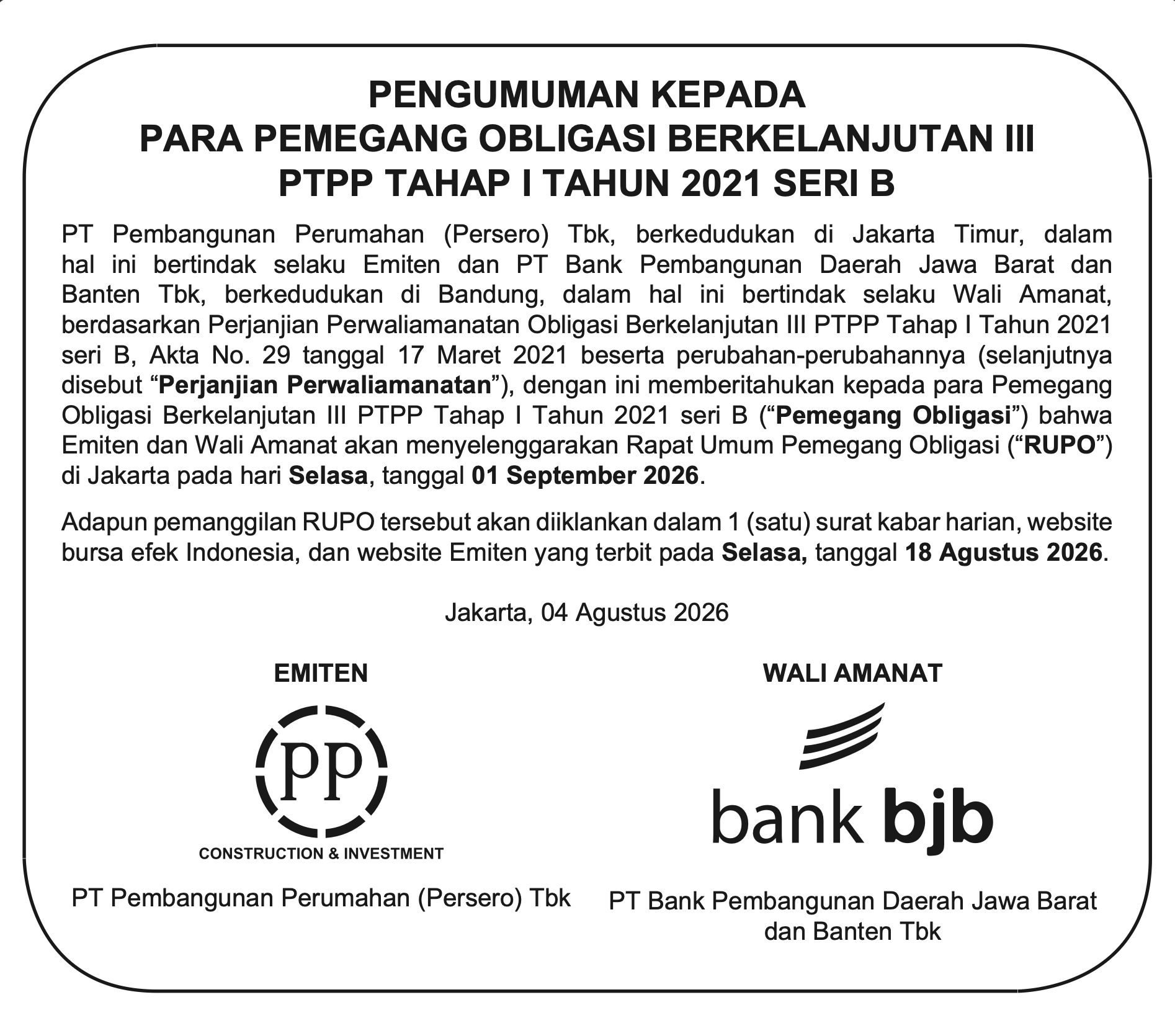 Obligasi Berkelanjutan III PTPP Tahap I Tahun 2021 Seri B