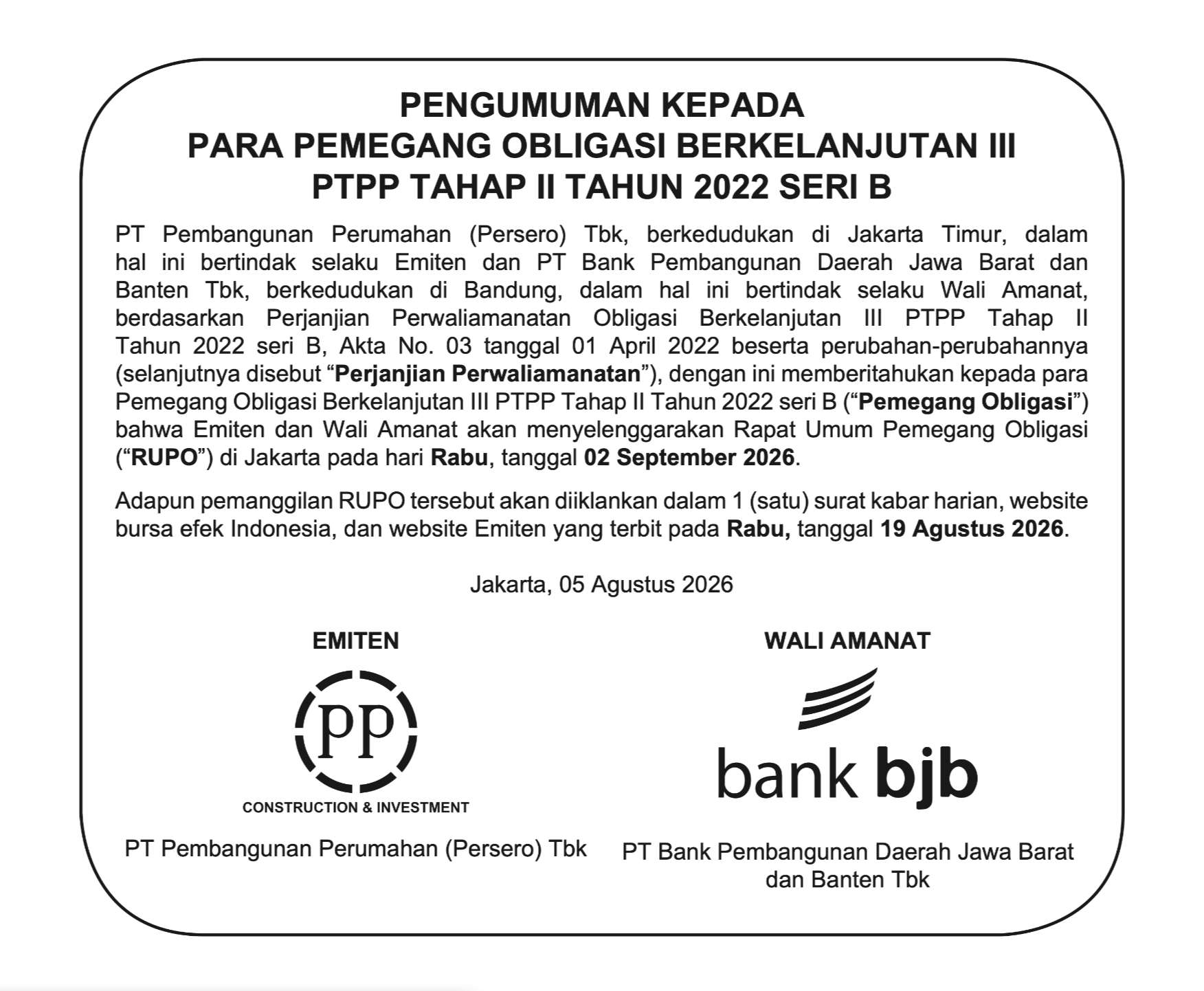 Obligasi Berkelanjutan III PTPP Tahap II Tahun 2022 Seri B