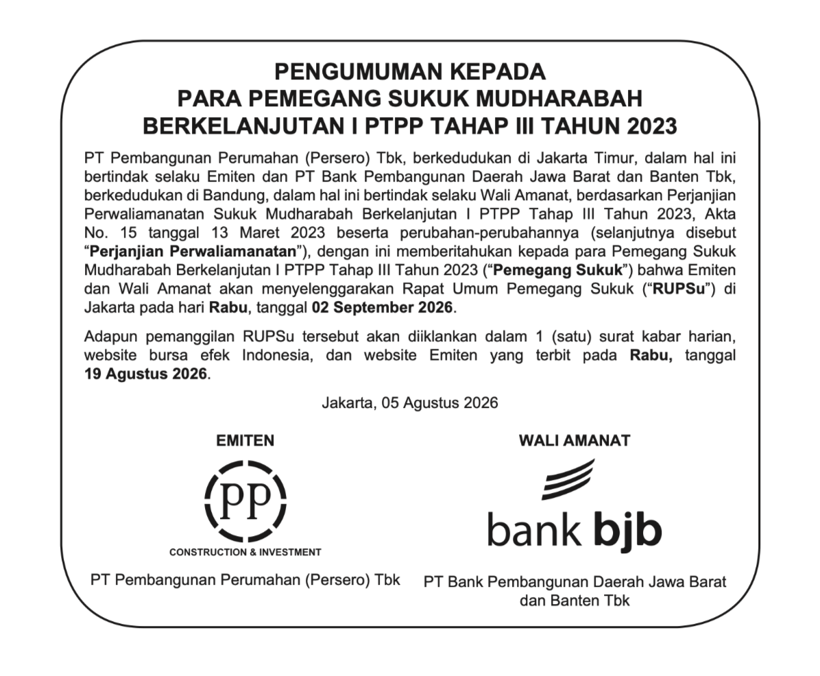 Sukuk Mudharabah Berkelanjutan I PTPP Tahap III Tahun 2023