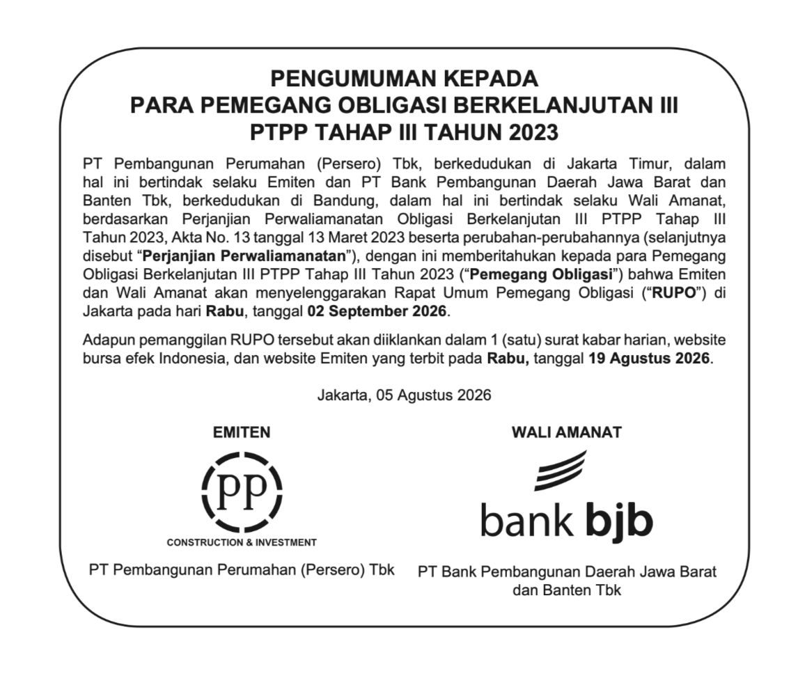 Obligasi Berkelanjutan III PTPP Tahap III Tahun 2023