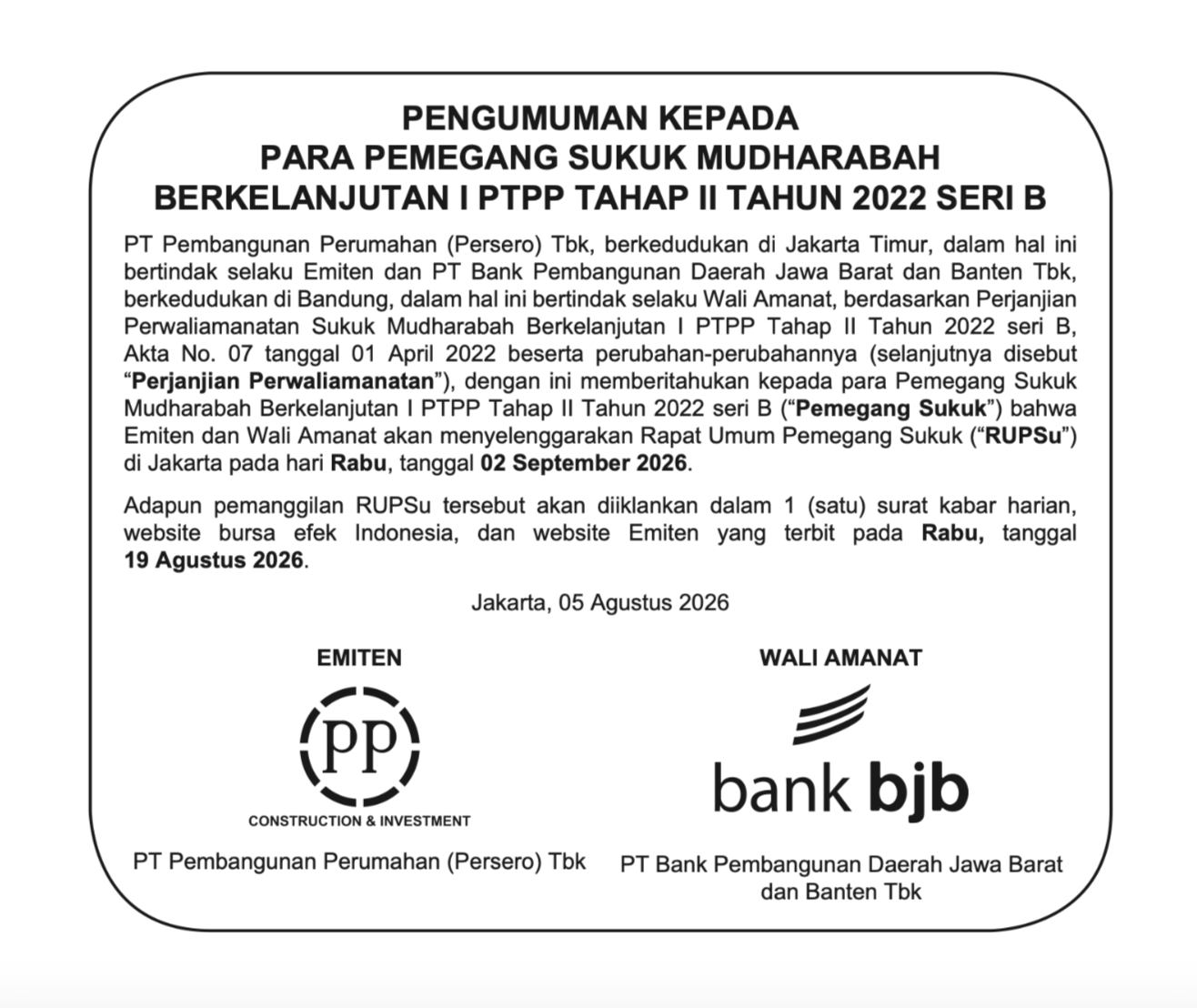 Sukuk Mudharabah Berkelanjutan I PTPP Tahap II Tahun 2022 Seri B
