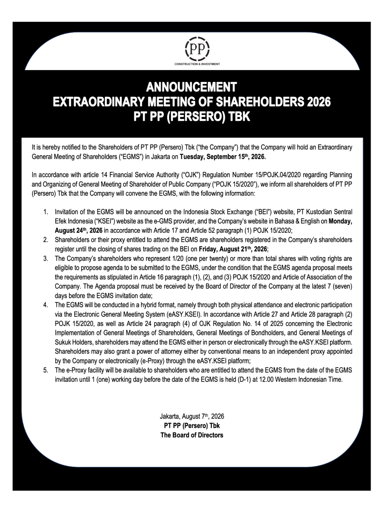 Announcement of the Extraordinary General Meeting of Shareholders of PT PP (Persero) Tbk