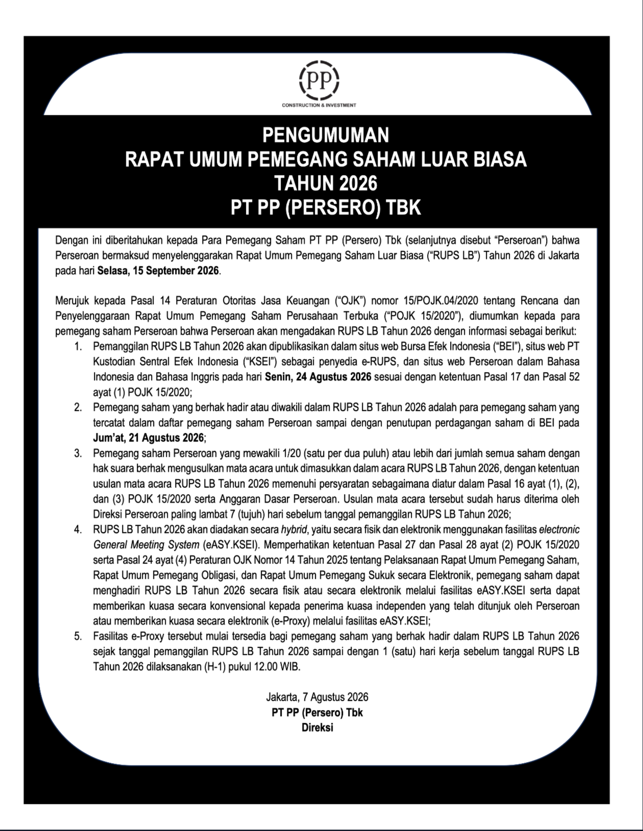 Pengumuman Rapat Umum Pemegang Saham Luar Biasa PT PP (Persero) Tbk