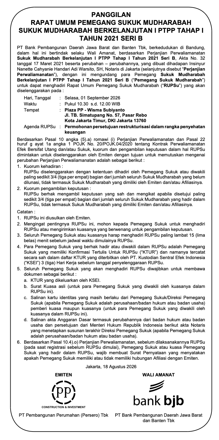 Call for PTPP Shelf-Registration Mudharabah Sukuk III Phase I Year 2021 Series B
