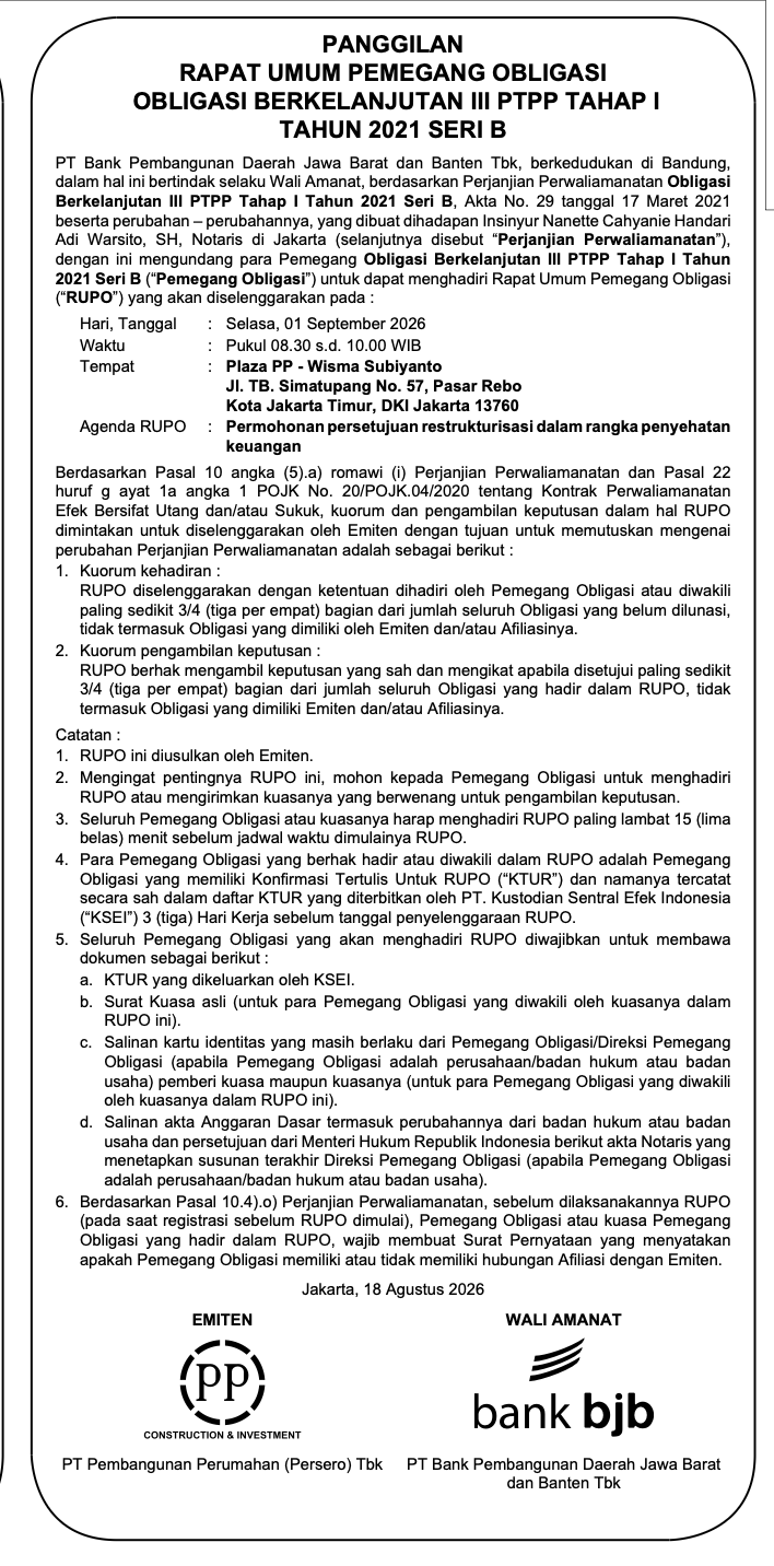 Pemanggilan Obligasi Berkelanjutan III PTPP Tahap I Tahun 2021 Seri B