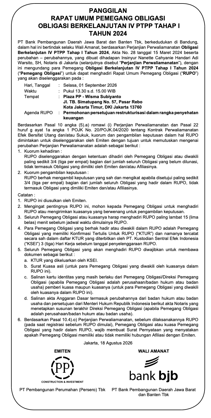 Issuance of PTPP Shelf-Registered Bonds IV, Phase I, Year 2024