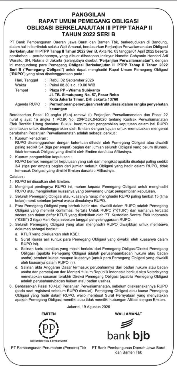 Call for PTPP's Continuous Bond III Phase II 2022 Series B