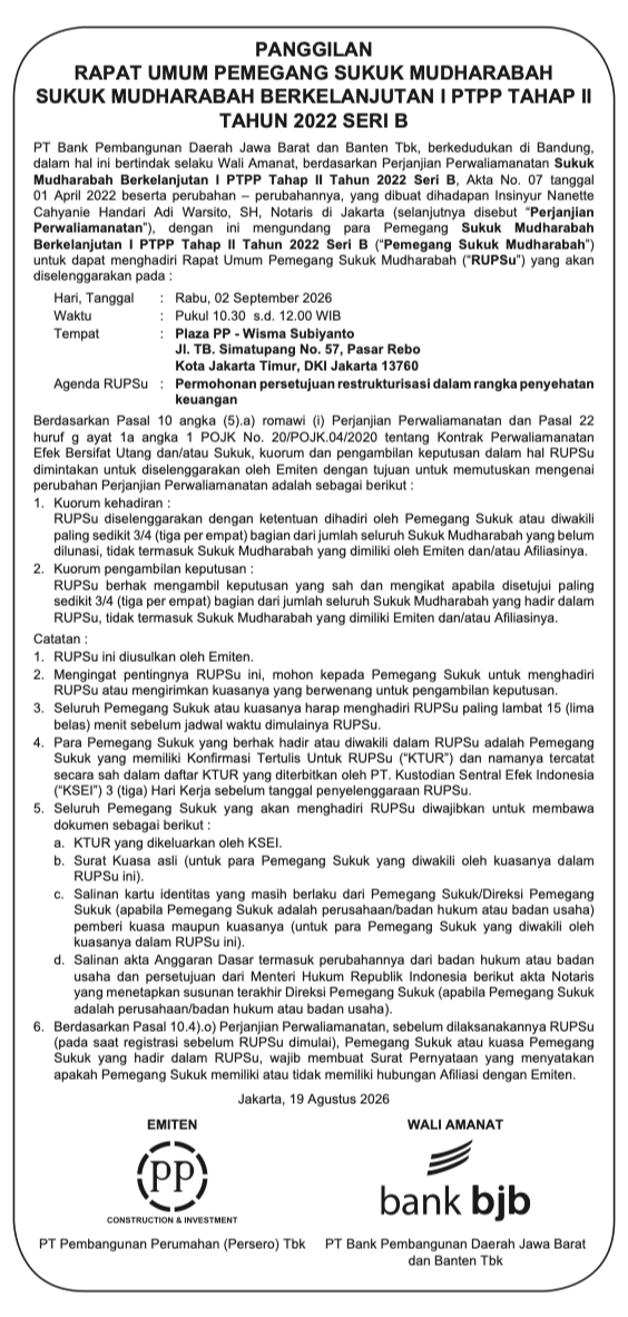 Call of PTPP Shelf-Registered Mudharabah Sukuk I, Tranche II, Year 2022, Series B