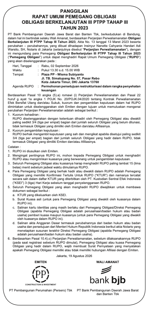 Pemanggilan Obligasi Berkelanjutan III PTPP Tahap III Tahun 2023