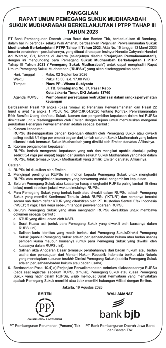 Call for PTPP Shelf-Registered Mudharabah Sukuk I, Tranche III, Year 2023,