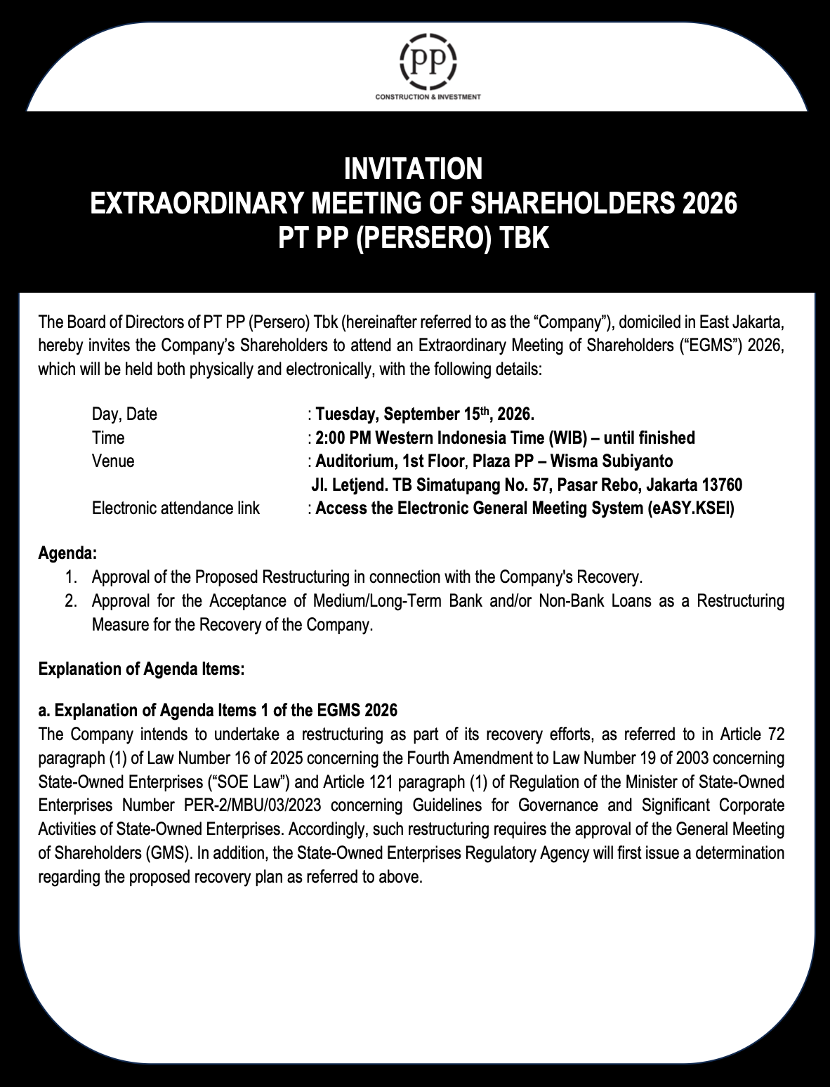 Notice of the 2026 Extraordinary General Meeting of Shareholders of PT PP (Persero) Tbk