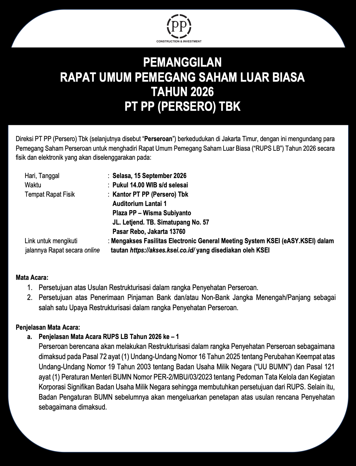 Pemanggilan Rapat Umum Pemegang Saham Luar Biasa PT PP Persero Tbk Tahun 2026