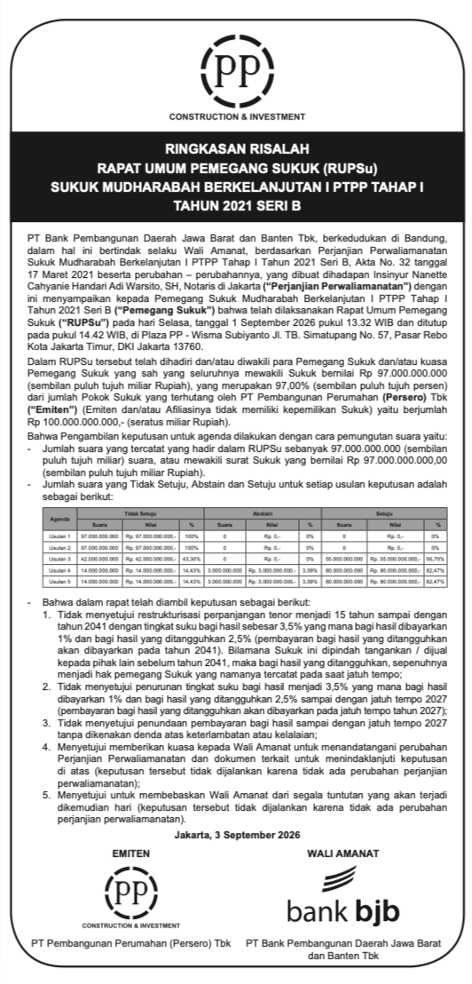 Ringkasan Risalah Rapat Umum Pemegang Sukuk untuk Sukuk Mudharabah Berkelanjutan I PTPP Tahap I Tahun 2021 Seri B