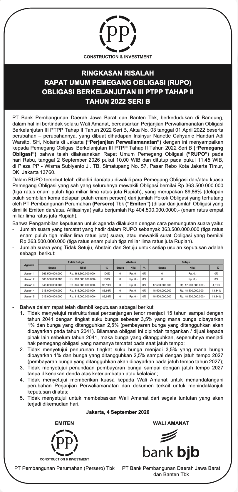 Summary of the Minutes of the General Meeting of Bondholders for PTPP's Continuous Bond III Phase II Year 2022 Series B