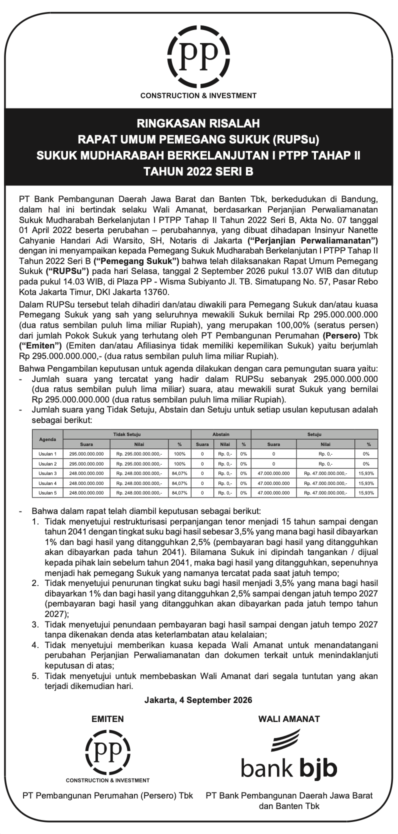Ringkasan Risalah Rapat Umum Pemegang Sukuk untuk Sukuk Mudharabah Berkelanjutan I PTPP Tahap II Tahun 2022 Seri B