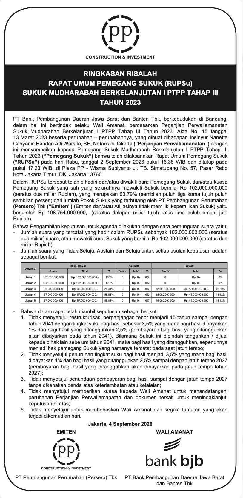Ringkasan Risalah Rapat Umum Pemegang Sukuk untuk Sukuk Mudharabah Berkelanjutan I PTPP Tahap III Tahun 2023