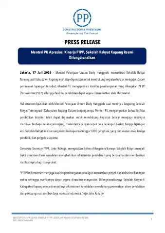 Menteri PU Apresiasi Kinerja PTPP, Sekolah Rakyat Kupang Resmi Difungsionalkan