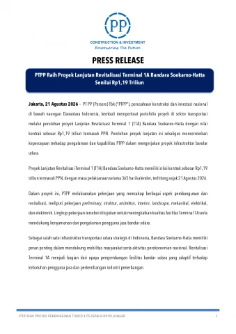 PTPP Raih Proyek Lanjutan Revitalisasi Terminal 1A Bandara Soekarno-Hatta Senilai Rp1,19 Triliun