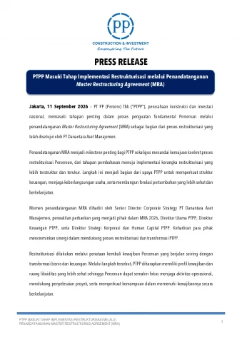 PTPP Masuki Tahap Implementasi Restrukturisasi melalui Penandatanganan Master Restructuring Agreement (MRA)
