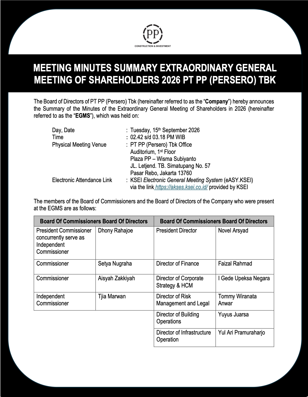 Summary Of The Minutes 2026 Extraordinary General Meeting Of Shareholders PT PP (Persero) Tbk