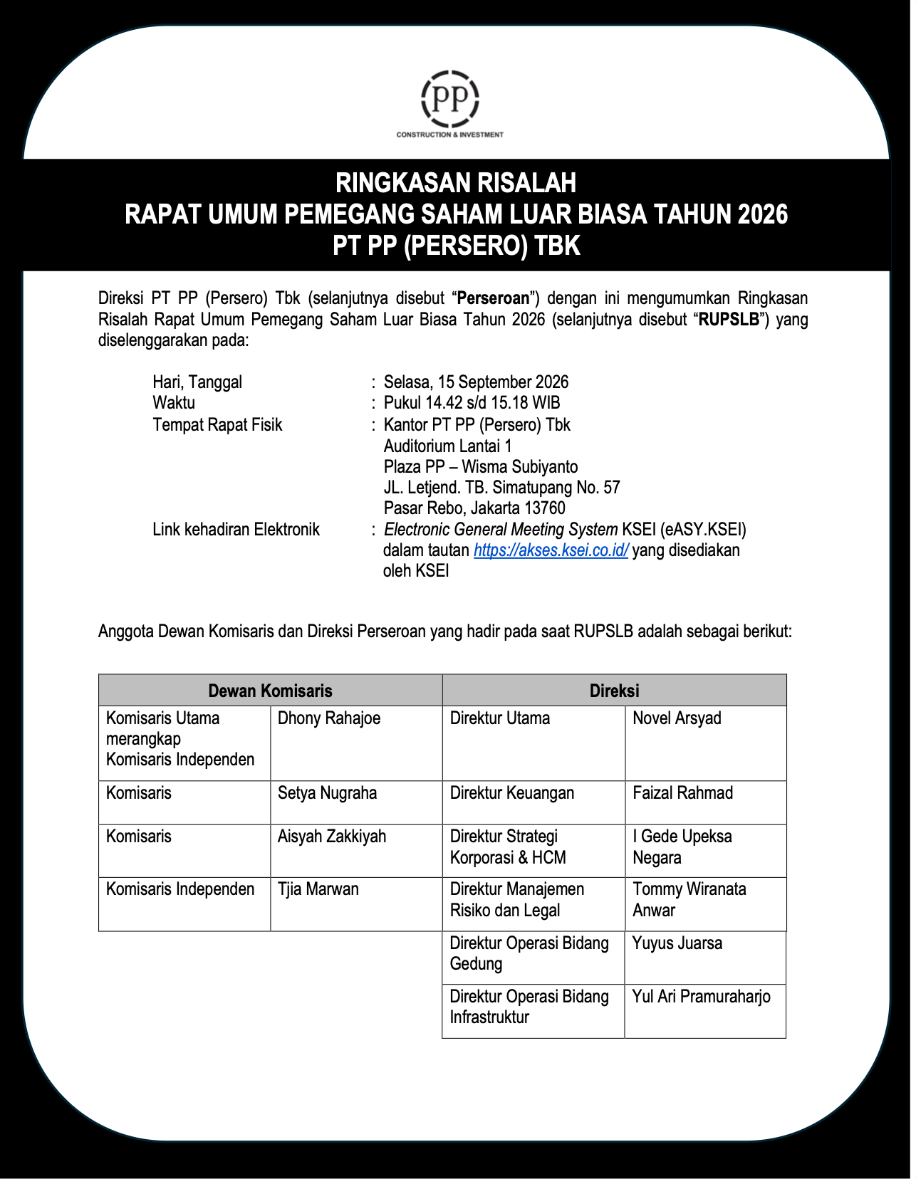 Ringkasan Risalah Hasil Rapat Umum Pemegang Saham Luar Biasa Tahun 2026 PT PP (Persero) Tbk