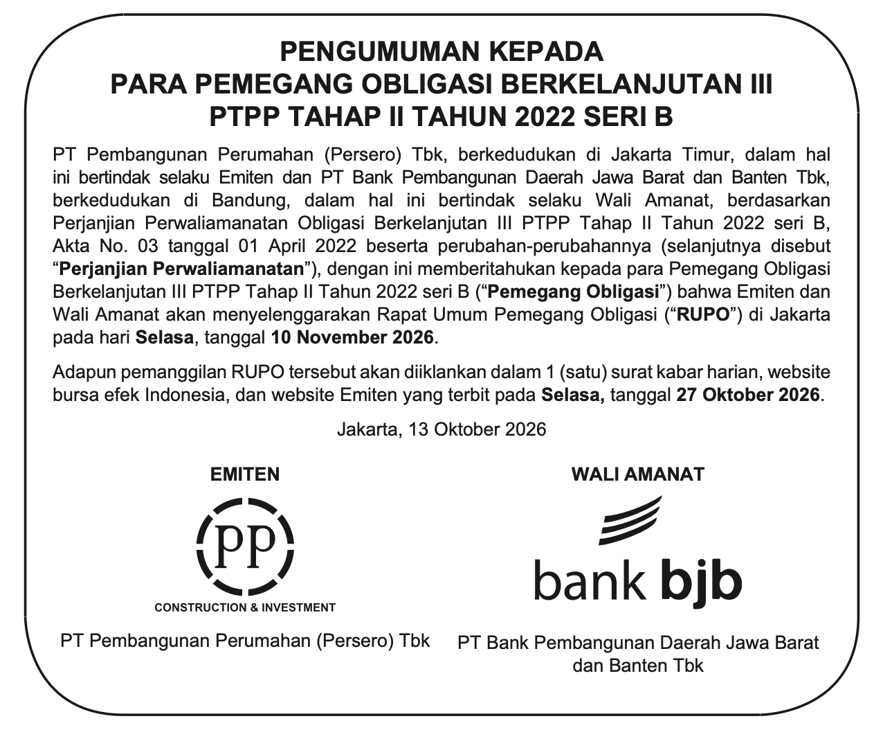 Obligasi Berkelanjutan III PTPP Tahap II Tahun 2022 Seri B