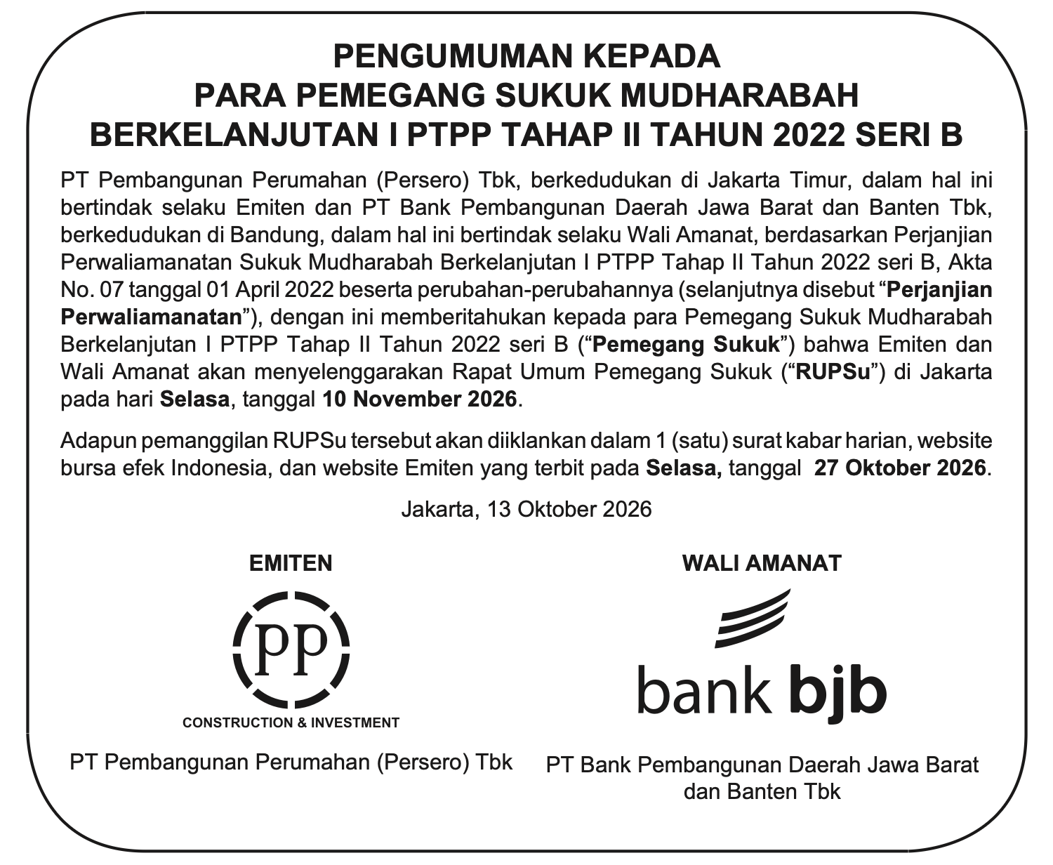 PTPP Shelf-Registered Mudharabah Sukuk I, Phase II, Year 2022, Series B