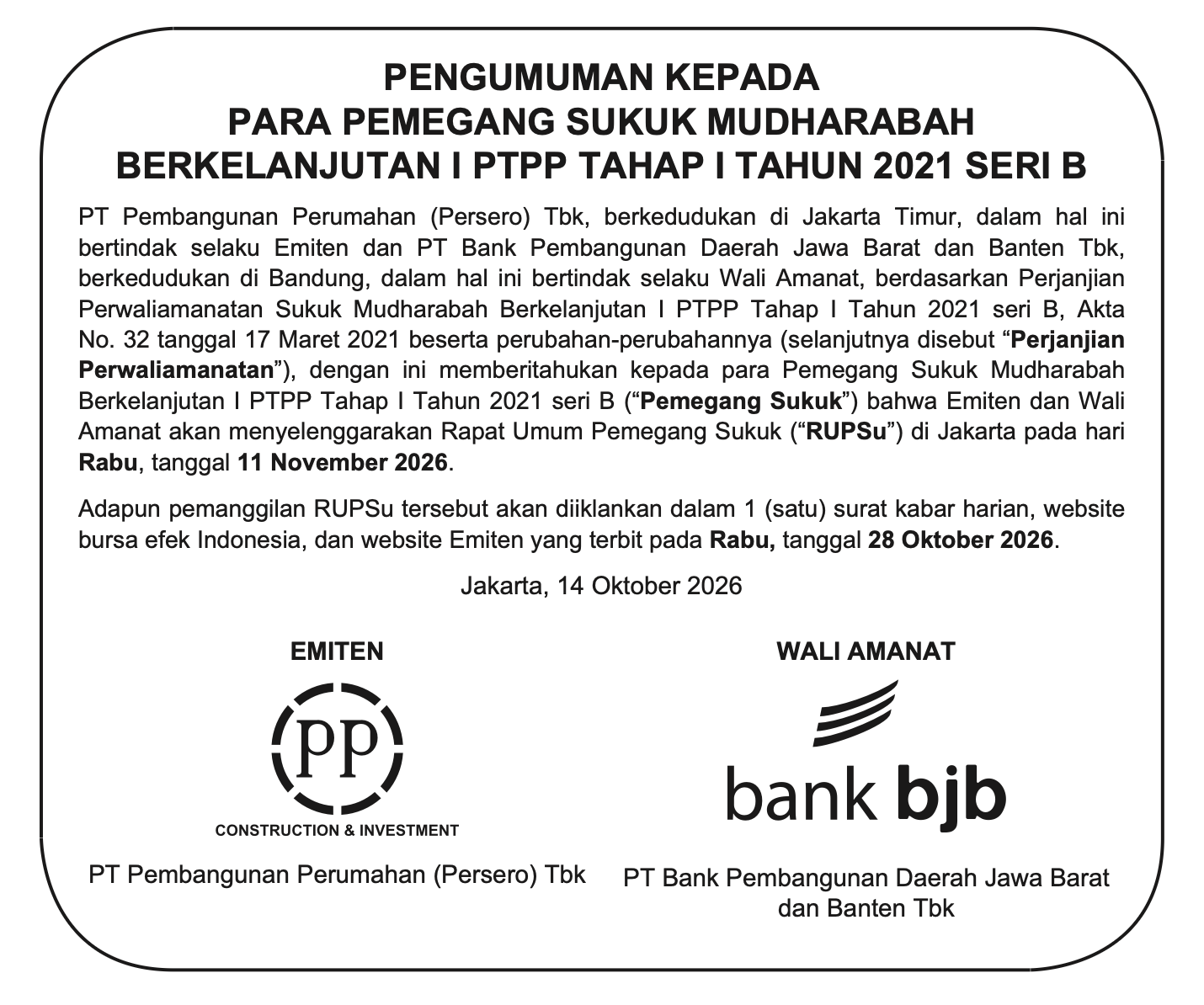 PTPP Shelf-Registered Mudharabah Sukuk I, Tranche I, Year 2021, Series B