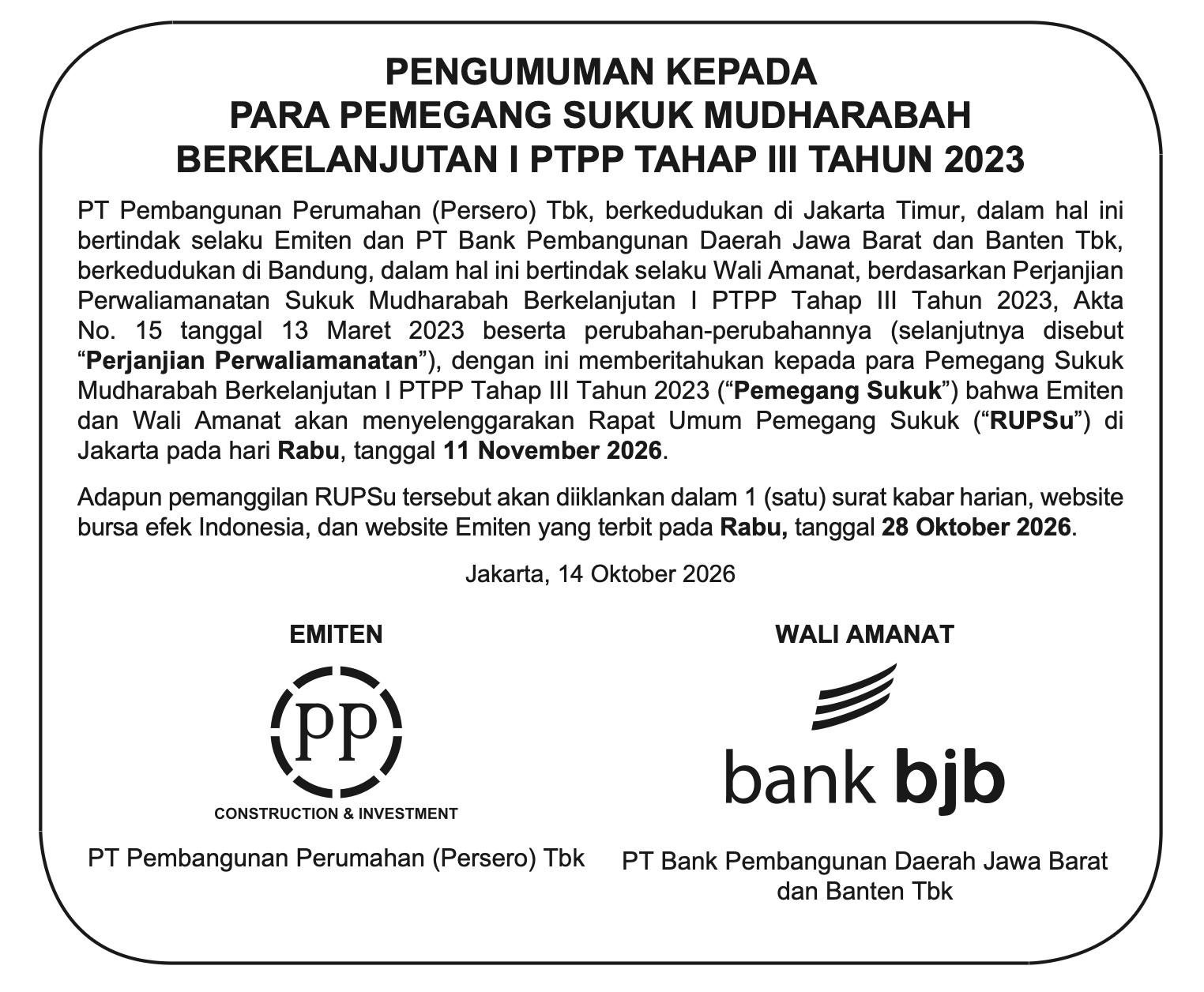 PTPP Shelf-Registered Mudharabah Sukuk I, Tranche III, Year 2023